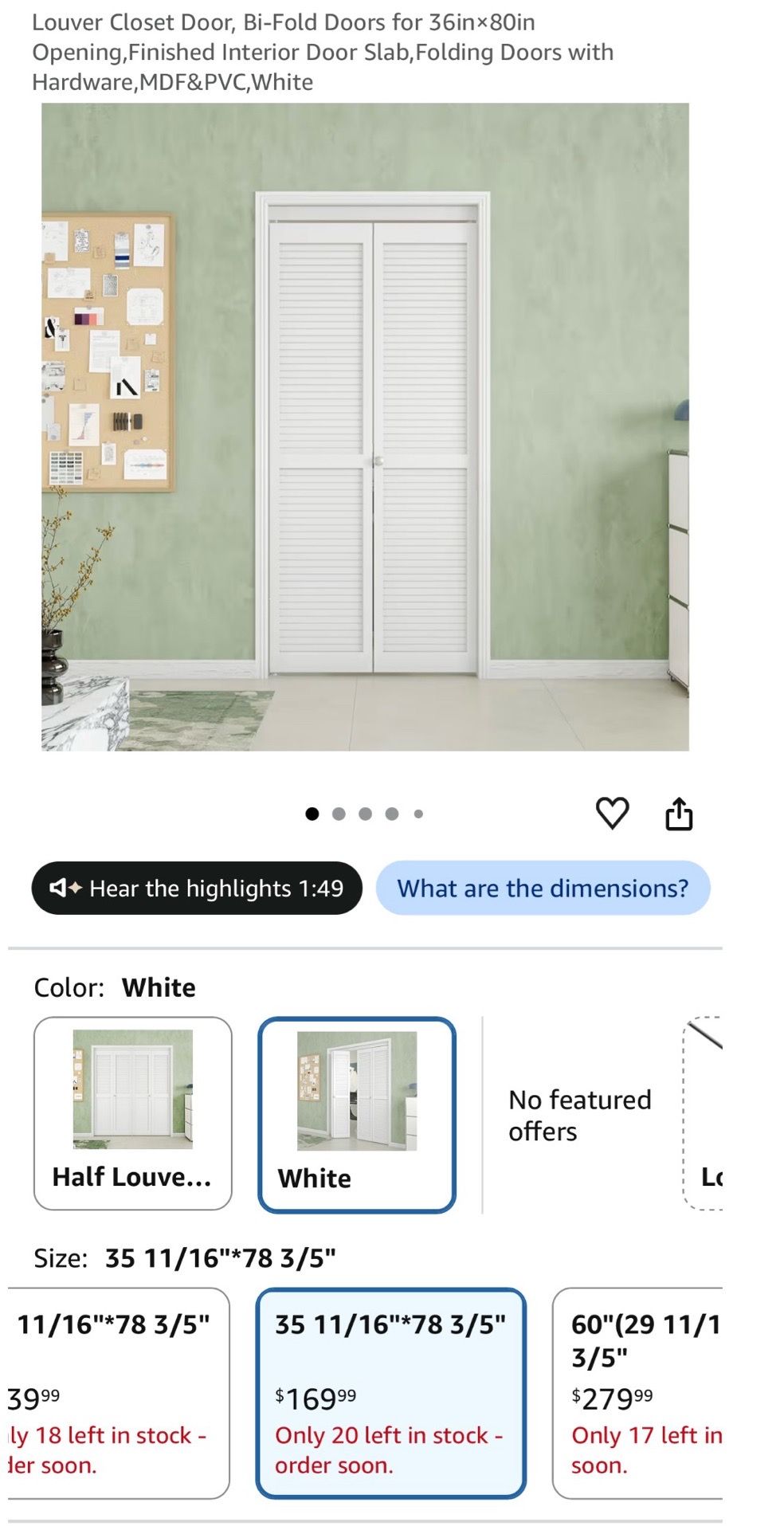Louver Closet Door, Bi-Fold Doors for 36in×80in Opening,Finished Interior Door Slab,Folding Doors with Hardware,MDF&PVC,White