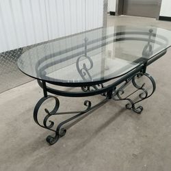 Glass Top Oval Shaped Coffee Table Wrought Iron Legs