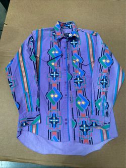 Vintage Wrangler Brushpopper Shirt Sz 16-34 Large Purple Aztec Rodeo Western