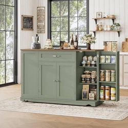 47" W Kitchen Island Cart with Storage, Rolling Island Table, Green Mobile Kitch