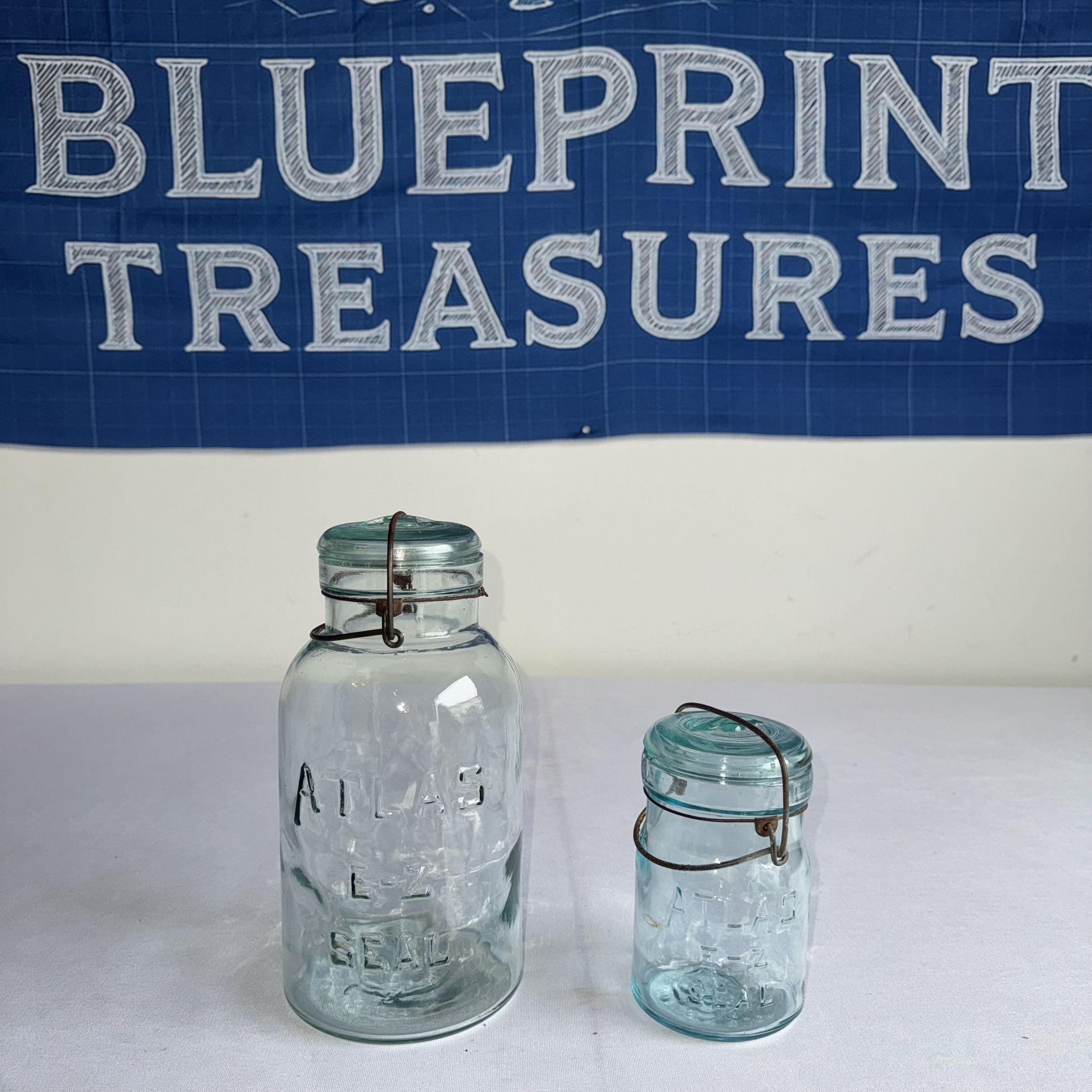 π«π Vintage Atlas EZ Seal Clear & Aqua Glass Jars β Set of 2 ππ«