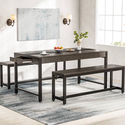 Tribesigns 63 Inch Large Dining Table Set for 4 to 6, Kitchen Breakfast Table with 2 Benches & Sided Drawer, 3-Piece Modern Industrial Bar Table Furni