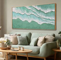 New Large 24"x48" Ocean Wave Wall Art,Coastal Teal Textured Seascape Painting, Green