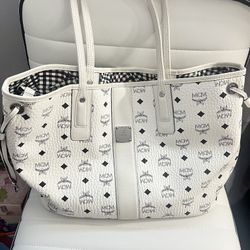MCM White Visetos Tote Bag | Large Shopper | Dust Bag + Booklet | Authentic