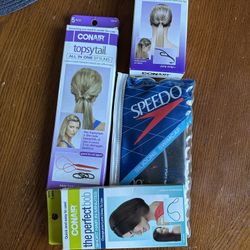 4 Hair accessories. New Speedo Swimming Cap + ConAir Topsytail, Bob, Pony (used)