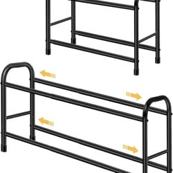 2-Tier Expandable Shoe Rack Adjustable Shoe Organizer Stainless Steel Shoe Storage Rack for Entrance Closet Doorway Garage Dorm (Black)