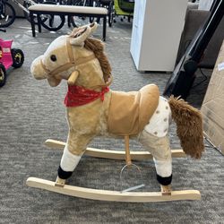 Kids Plush Ride-On Rocking Horse Toy Cowboy Rocker with Fun Realistic Sounds for Child 3-6 Years Old, Beige