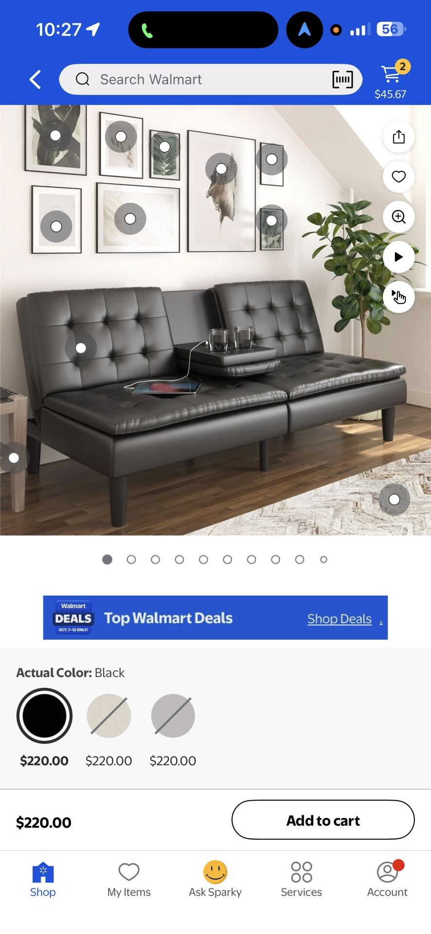 Mainstays Memory Foam 71.5" Futon with Cupholder and USB, Black Faux Leather( Used move Out Sale)