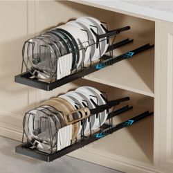 2 Pack Pots and Pans Organizer Under Cabinet, 22" Deep Expandable Pull Out Pot Lid Organizer and Storage with 10 Adjustable Dividers No Drill Pot