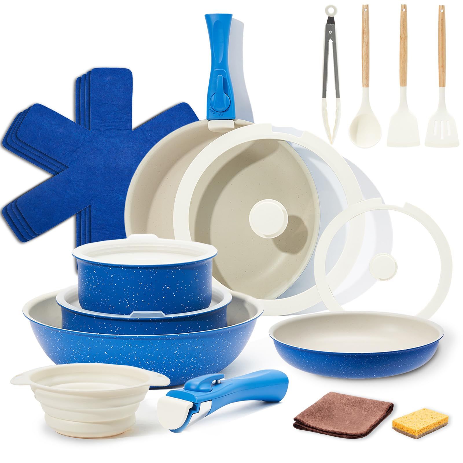 Boryenty Nonstick Pots and Pans Set, Ceramic Cookware with Detachable Handle, Space-Saving Design, Blue Cookware Set with Collapsible Dish Basin, Oven