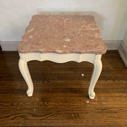 Small Pink Marble Top White Wood Accent End Table