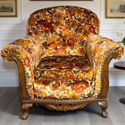 Vintage 1930s Classical Revival Chenille Floral Club Chair