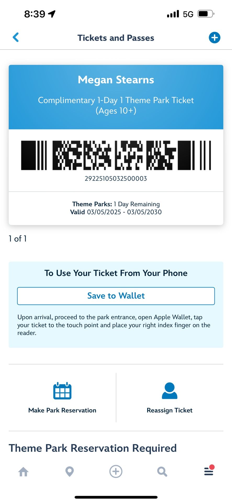 Disney Ticket For Any Park