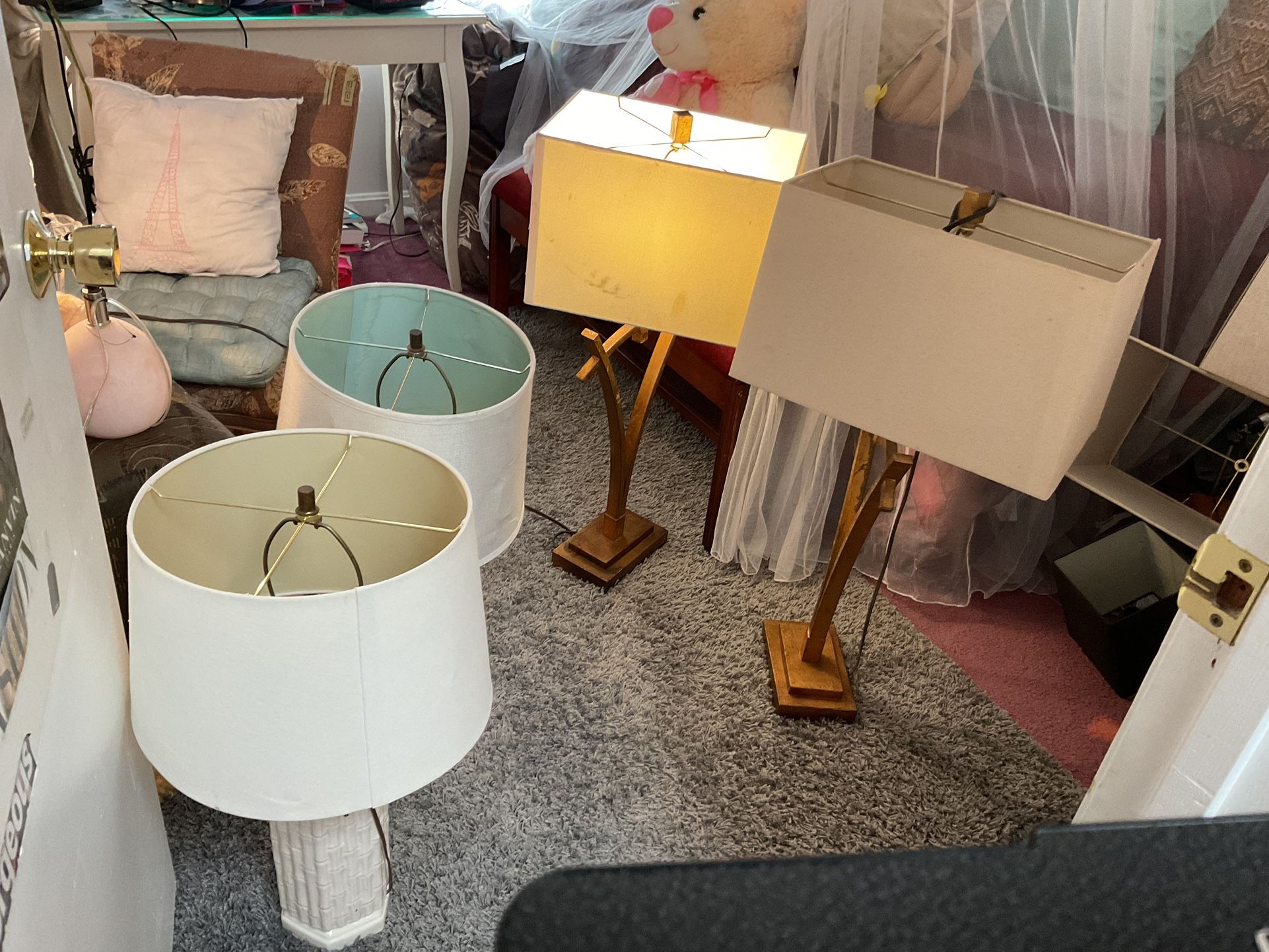 Two Nice Pairs Of Lamps, One Pair Is White Looks Like Bottles. The Other Pair One Of The Shade Has Some Marks That Can Be Removed (NO SHIPPING)