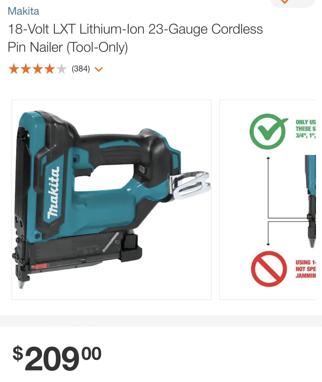 Makita XTP02Z 18-Volt LXT Lithium-Ion 23-Gauge Cordless Pin Nailer (Tool- Only) for Sale in Lincoln Acres, CA OfferUp