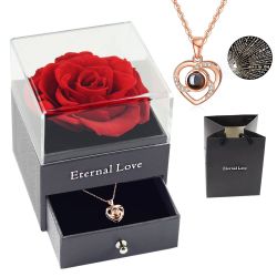 Gifts for her, Preserved Rose with Love You Necklace in 100 Languages Gift Set, Enchanted Real Rose Flower for Valentine's Day Anniversary Wedding Rom
