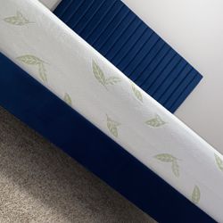 Luxury Blue Velvet Queen Bed Frame With Memory Foam Mattress 