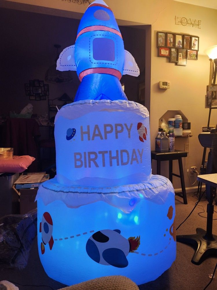 6FT Self Inflatable Happy Birthday Cake Outdoor Decorations with LED Lights