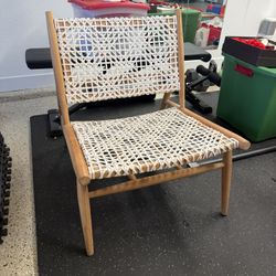 Leather Accent Chair - Light Teak Wood - White Leather Weave