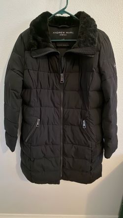 Andrew Marc Stretch Women's Black Quilted Puffer Jacket Fur Collar, No Hood Size Large