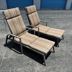 Delivery Available! $100 for both! 2 Metal Reclining Chaise Lounge Patio Sun Chairs with Cushions! Good condition!  72x25.5in Seat Height 12in