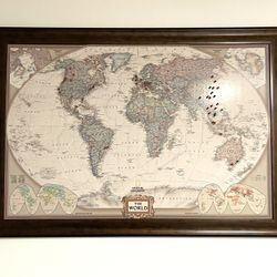 Large World Travel Map Wall Art (Dark Walnut, Push pins included)