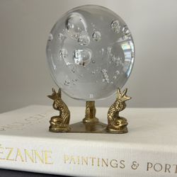 Vintage Glass Orb Sphere Crystal Ball On Brass Stand Mid Century Table Decor Collectible MCM 