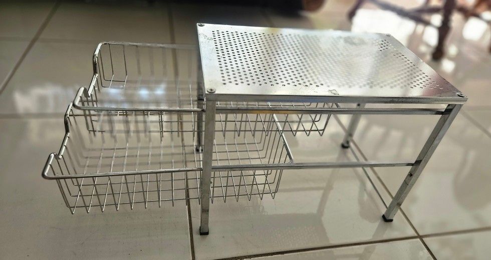 Household Essentials Silver Standing Pull Out Cabinet Organizer Shelf Double, 16.5" Deep 12" H, 10"