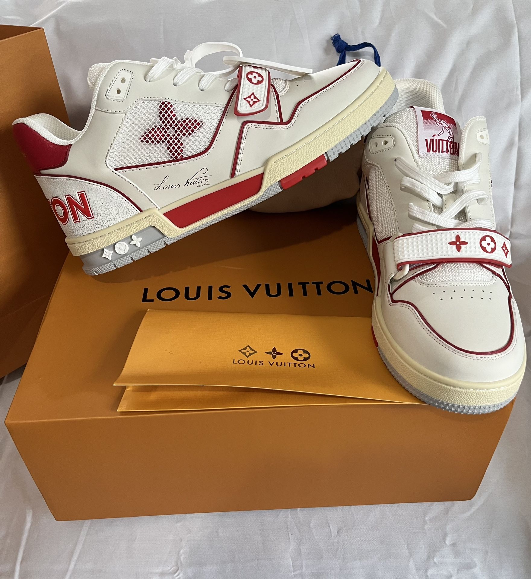 Brand New Louis Vuitton RED/White Velcro strap Mono Trainer