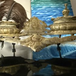 Antique Edwardian Victorian Ornate Brass Double Inkwell Desktop Stand with feather quill