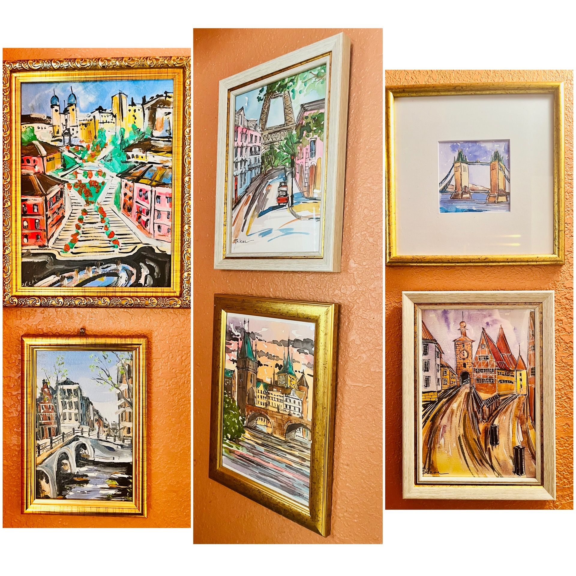 Original oil and watercolor European cityscapes