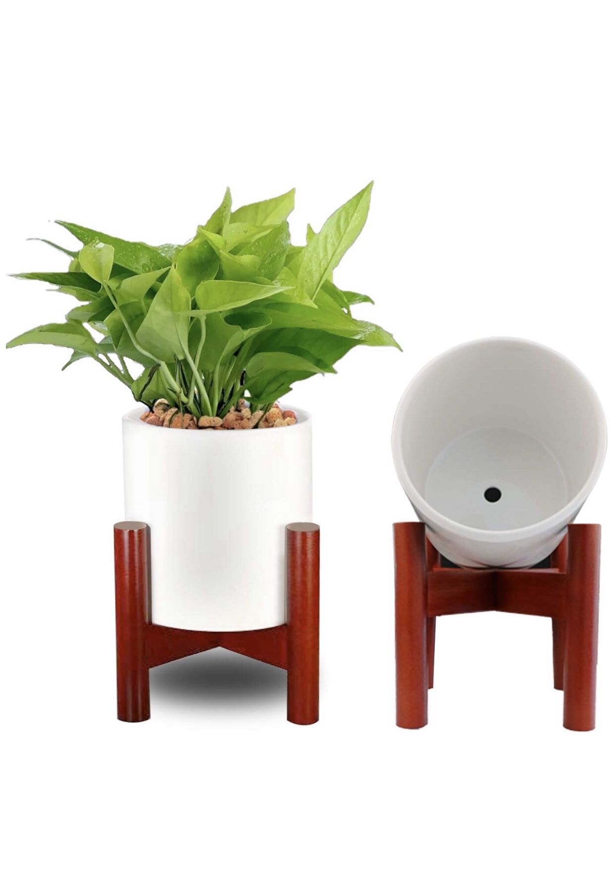 Ceramic Planter Pot + Wooden Plant Stand, 6”, New