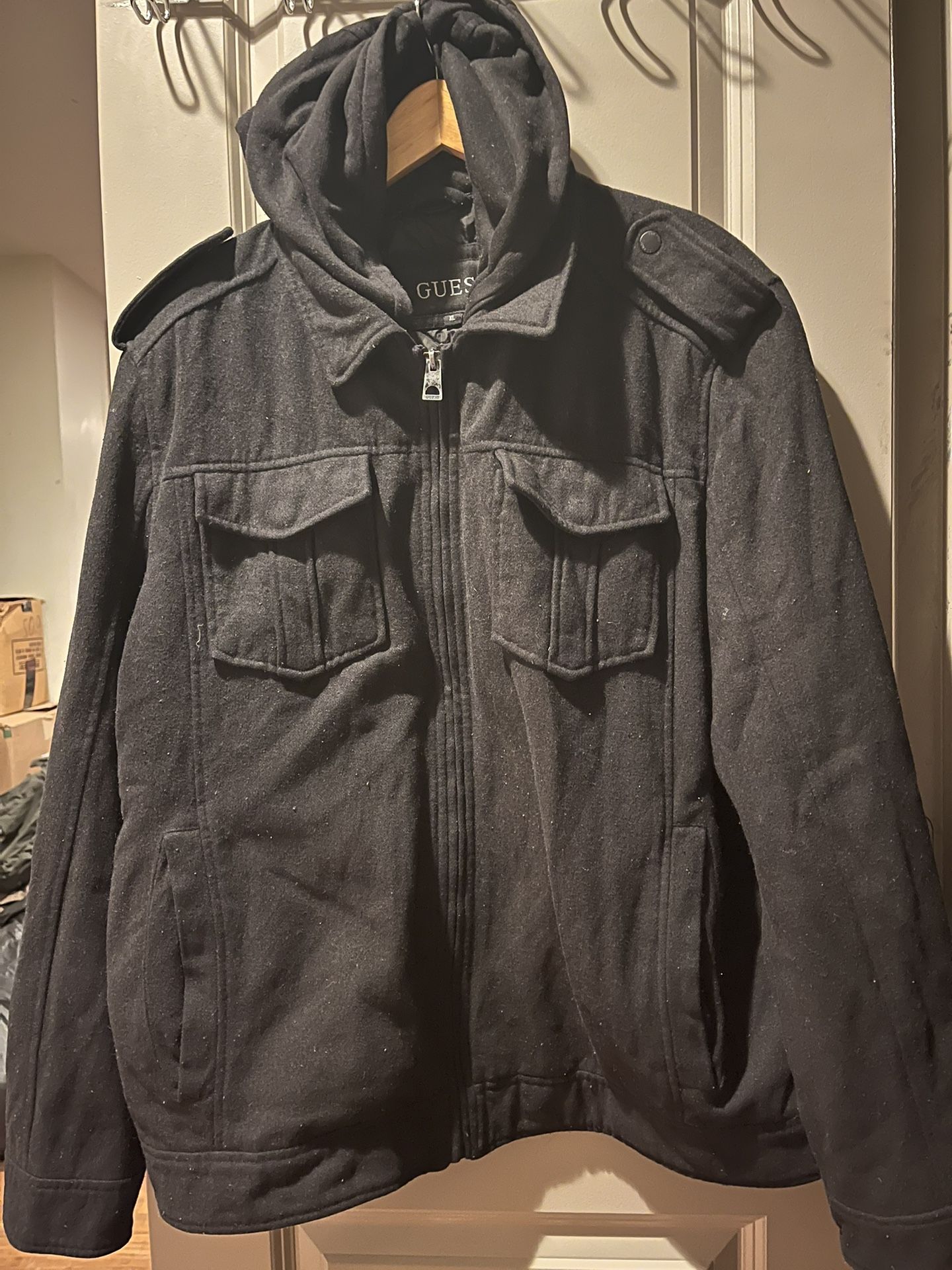 Guess Vintage Men’s Wool Coat with Quilted Lining and Hood