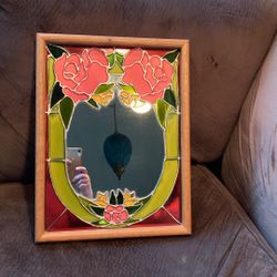 Vintage Stained Glass Mirror / Retro Home Decor / Parlor Looking Glass / Rose