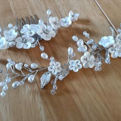 Bridal shower accessories paper parasol, lace fan, flower hair vine, shower quiz game, photo booth props, Bride sash, makeup bag & clutch purse

Condi