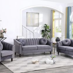 Modern Style Gray Microfiber Three Piece Couch Set