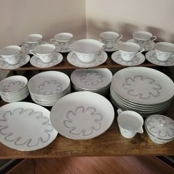 Vintage White & Silver China Service for 8 Konigl Pr Tettau Germany Mid-century 