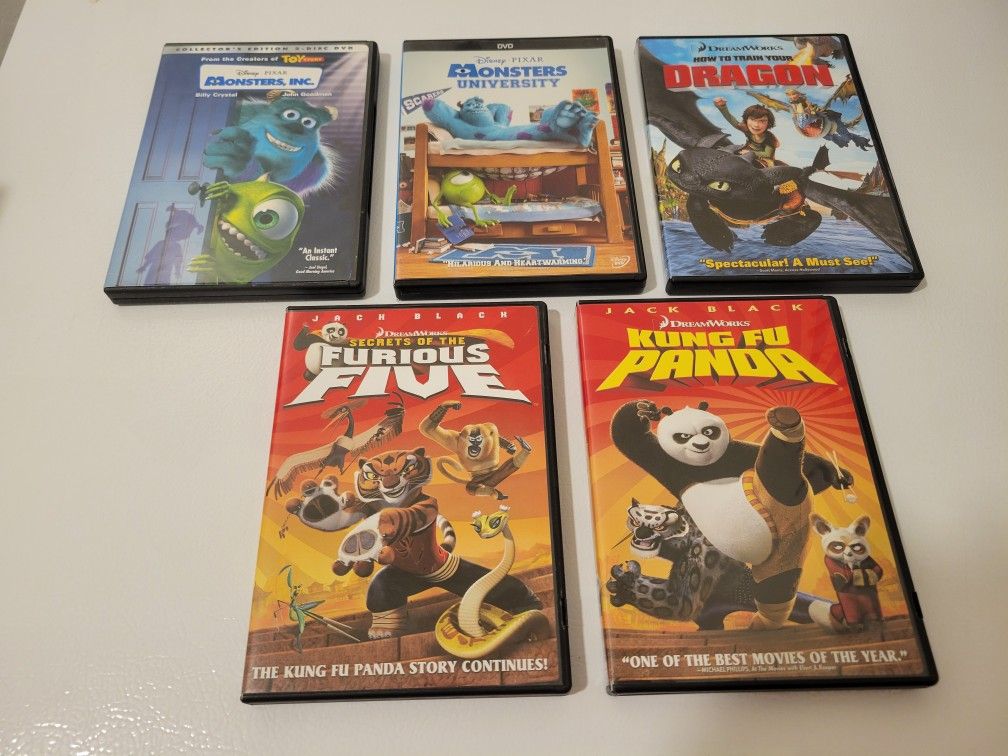 5 DVD Movies: Monsters, Inc., Monsters University. How To Train Your Dragon. Kung Fu Panda, Kung Fu Panda Secrets Of The Furious Five