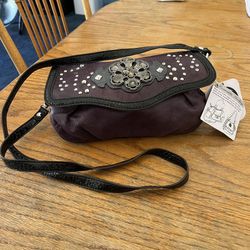 New Kathy Van Zeeland 5th Ave. New York Purple /Stone Bling & Black Snake Skin Leather Trim Crossbody Strap Purse