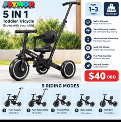 JOYMOR 5-in-1 Toddler Tricycle – Black – New