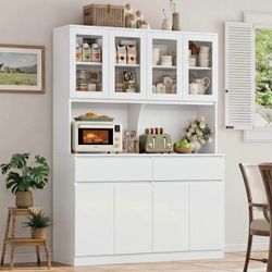 White Kitchen Cabinet Hutch w/ Glass Doors – Modern Storage Buffet – NEW
