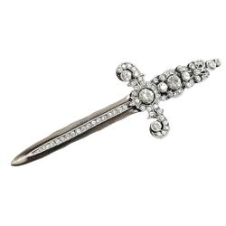 Silver Sword Brooch Pin With Rhinestone Detail