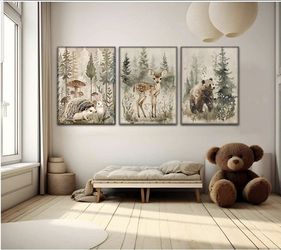 3 Pcs Woodland Animal Nursery Canvas wall art Wild Animals Forest Paintings Pictures 6x24