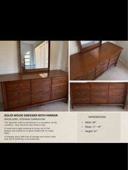 Vintage Solid Wood 9-Drawer Triple Dresser with Mirror – Fruitwood