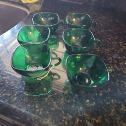 6 Green Glass Vintage