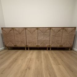 Nathan James Storage Cabinet TV Stand in Light Wood and Seagrass Doors, Set Of 3