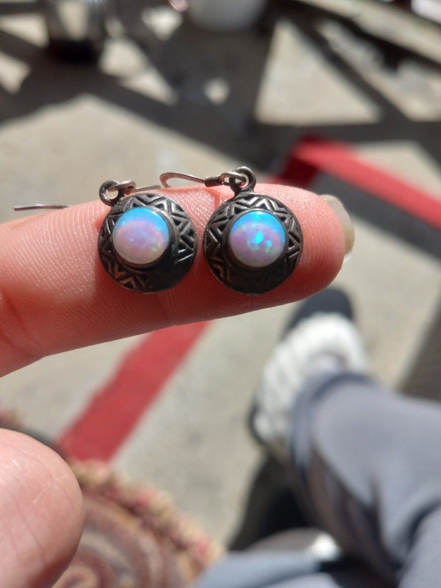 Antique Opal And Silver Earrings