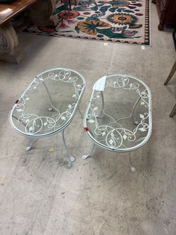 Pair of White Wrought Iron Glass Top Side Tables