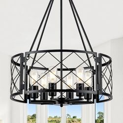 1716: New Farmhouse Chandelier, 6-Light Dining Room Light Fixture, 20.5" Rustic Drum Chandeliers Kitchen Island Lighting, Black Industrial Chandelier 