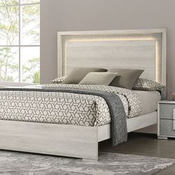 WHITE WASH STONE GRAY QUEEN SIZE BED FRAME LED LIGHT ON HEADBOARD
